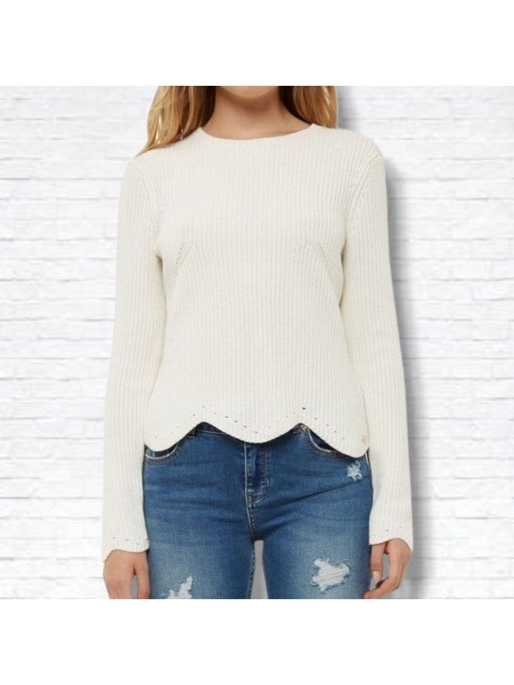 Ted Baker Finda Cream White Wool Blend Rib Knit Scallop Hem Sweater Size 1/XS
